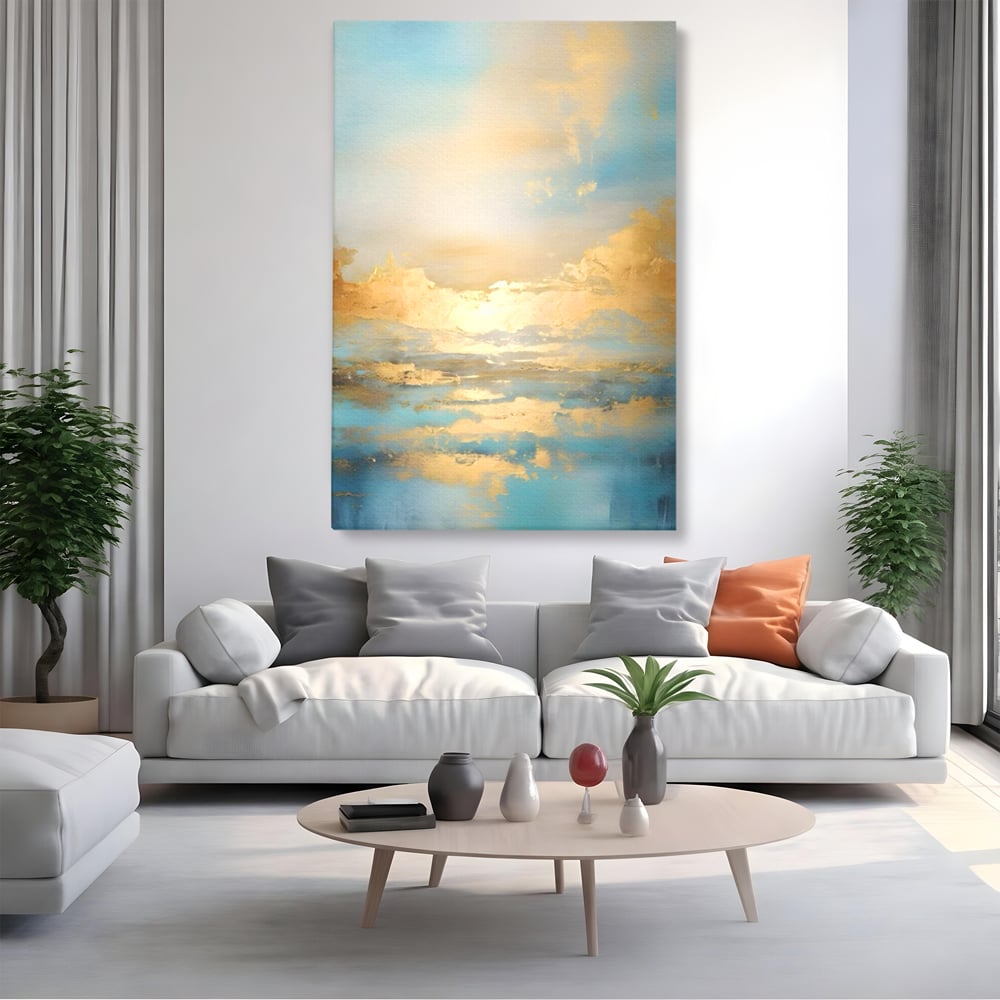 Tablou canvas cu tablou canvas cu peisaj marin abstract, fara rama, pe sasiu de lemn, pe perete intr-un living